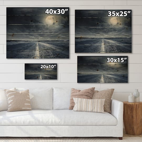 Designart - Asphalt Road Under Cloudy Full Moon I